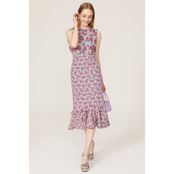 Saloni Midi Dress Adrienne Ciel Dragonfruit Ruffle Silk Floral Blue Size 4 - Picture 2 of 13